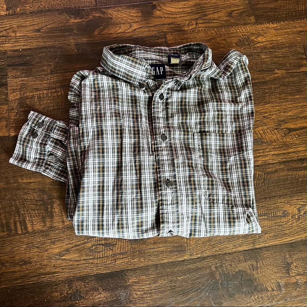 Green/Yellow-orange Plaid Button Down Shirt from Gap